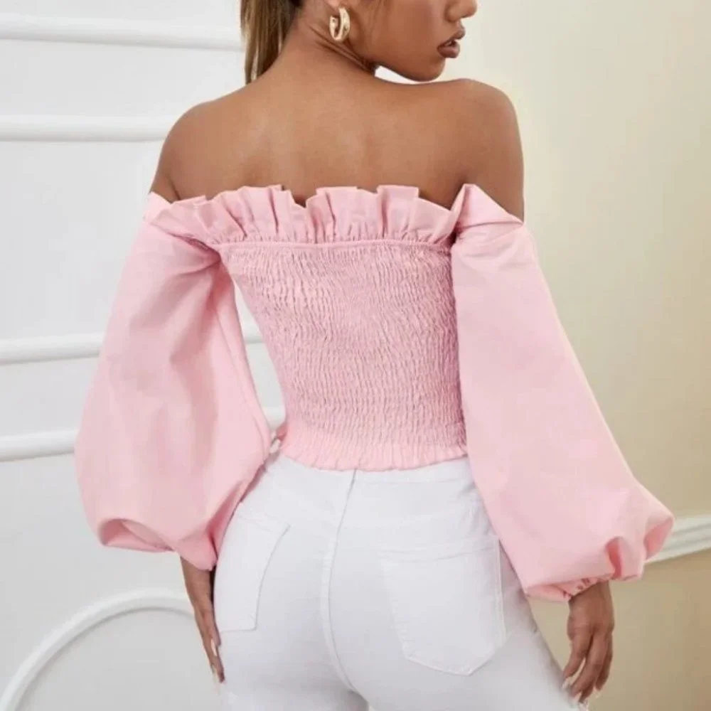 Off Shoulder Ruffle Trim Shirred Long sleeved Crop Blouse Pink - Picture 5 of 5